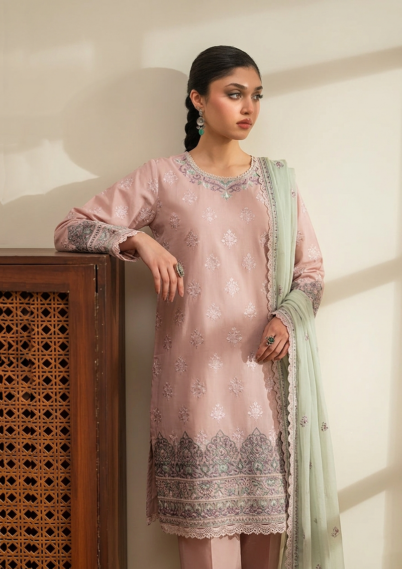 3 Piece Slub Cotton Suit - Embroidered