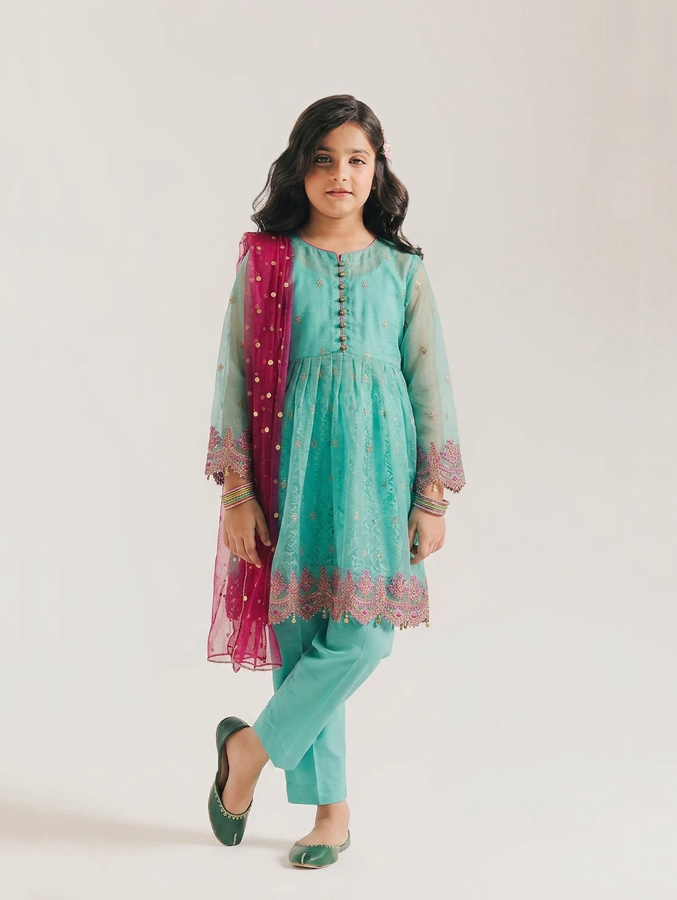 Girls' Embroidered Organza 3-Piece Festive Suit - Sea Green & Magenta
