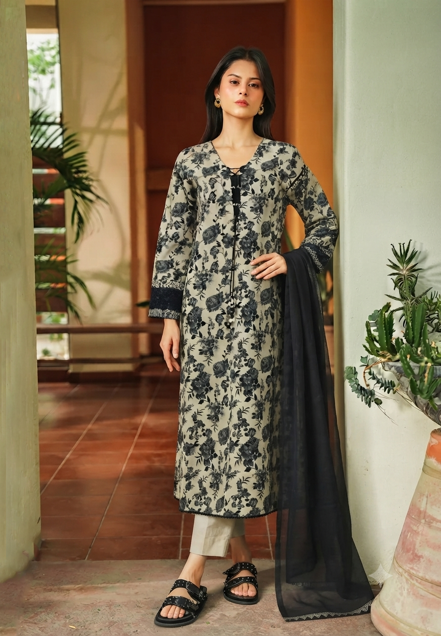 3-Piece Floral Printed Lawn Suit - Embroidered & Chiffon Dupatta – Charcoal & Beige