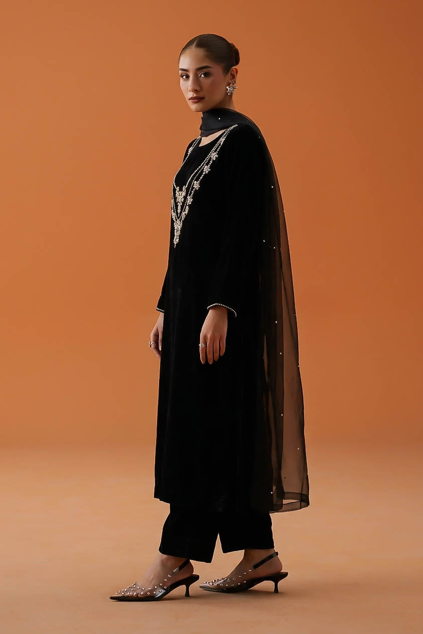 Black Velvet Pearl-Embellished 3-Piece