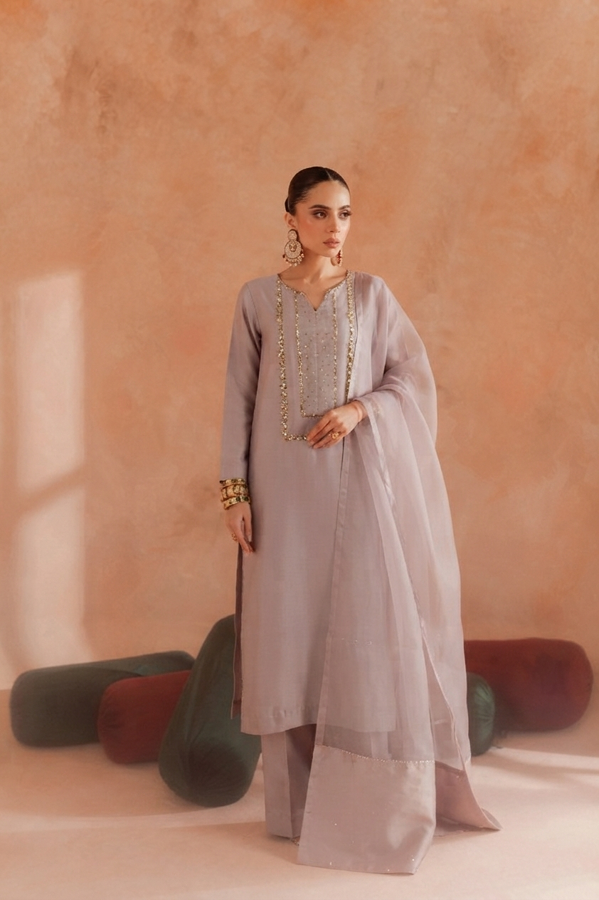 Muted Mauve Raw Silk 3-Piece Ensemble with Hand Embroidery & Organza Dupatta