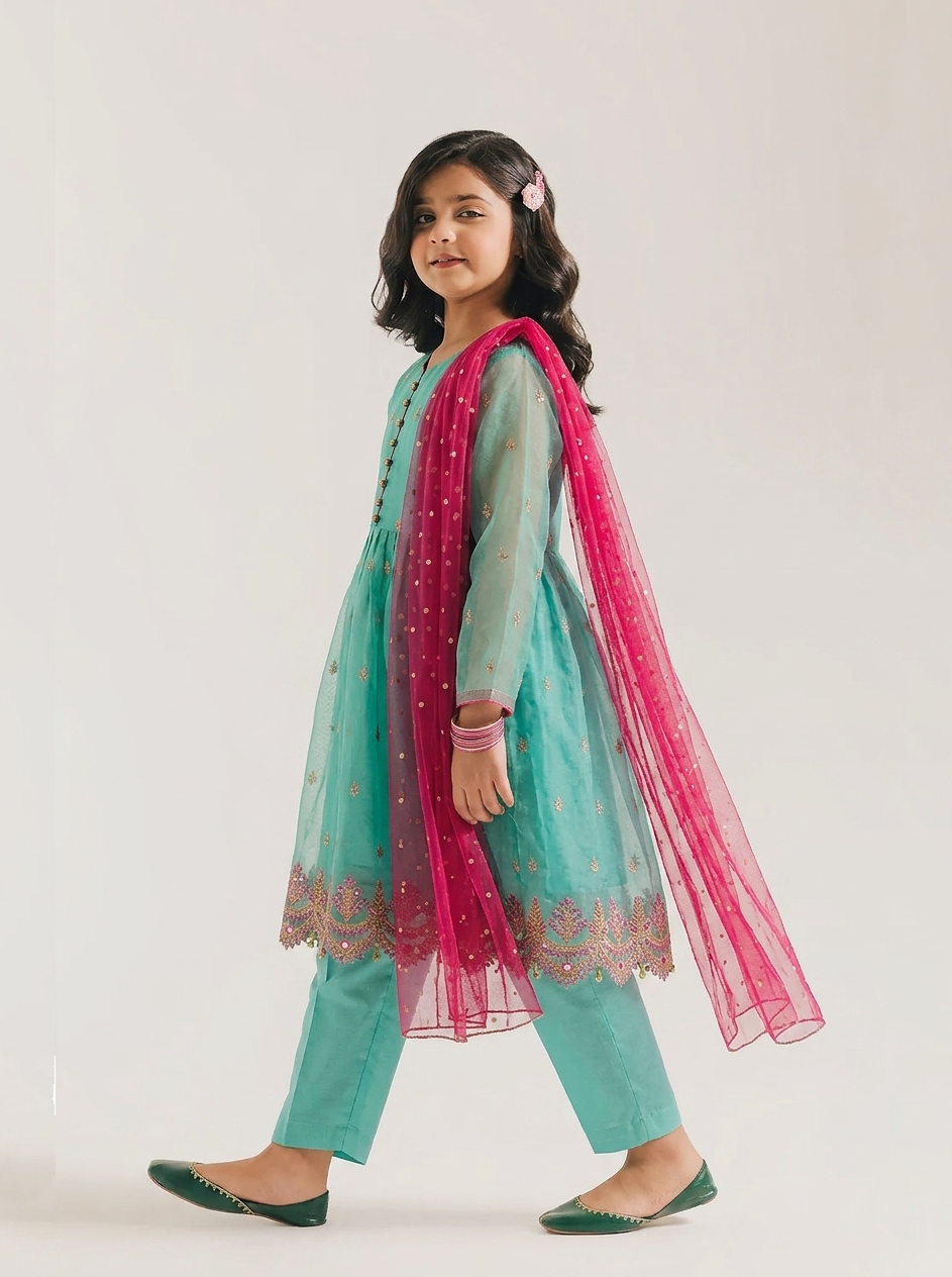 Girls' Embroidered Organza 3-Piece Festive Suit - Sea Green & Magenta