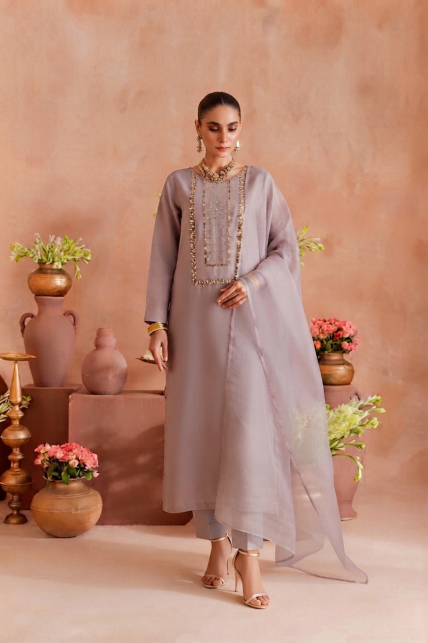 Muted Mauve Raw Silk 3-Piece Ensemble with Hand Embroidery & Organza Dupatta
