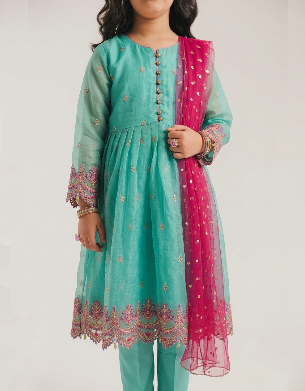 Girls' Embroidered Organza 3-Piece Festive Suit - Sea Green & Magenta