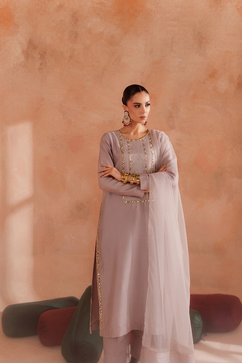 Muted Mauve Raw Silk 3-Piece Ensemble with Hand Embroidery & Organza Dupatta