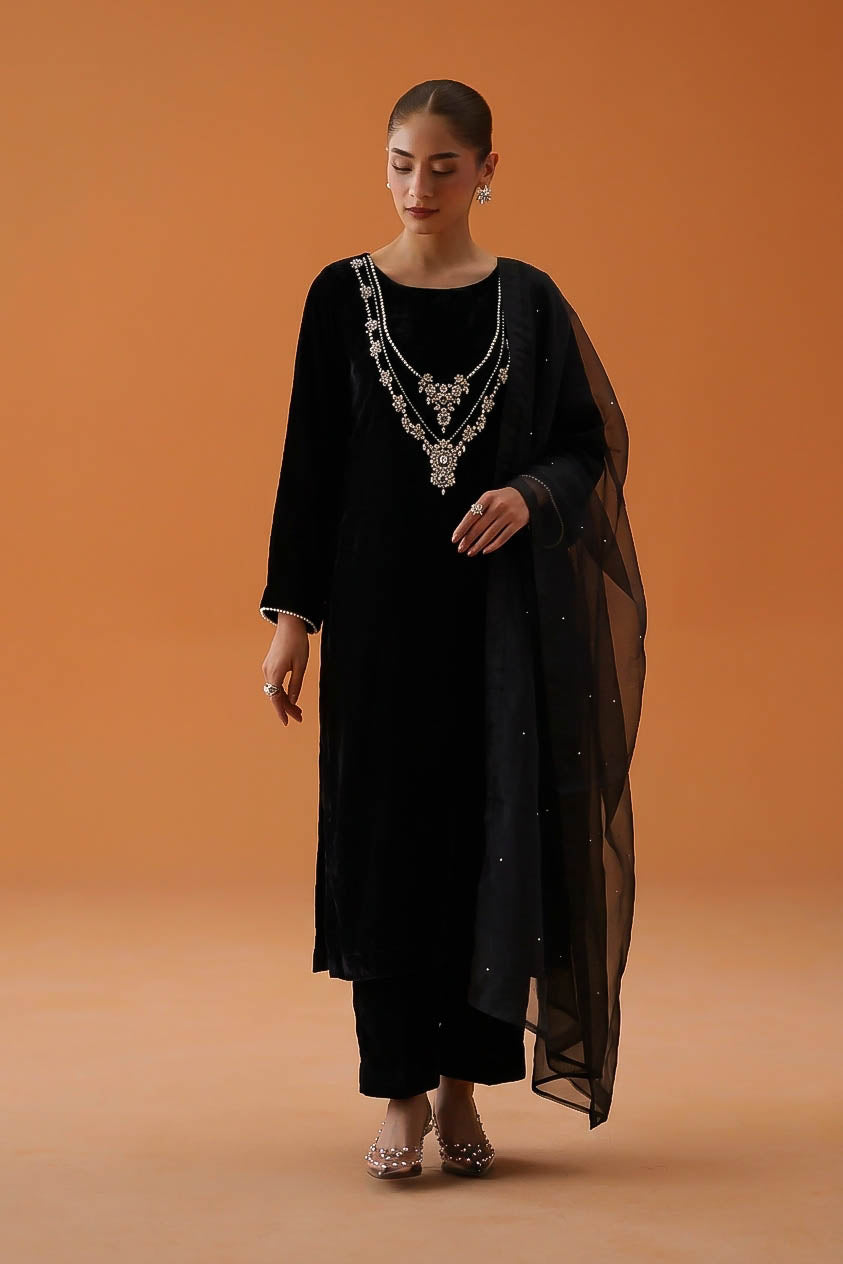 Black Velvet Pearl-Embellished 3-Piece