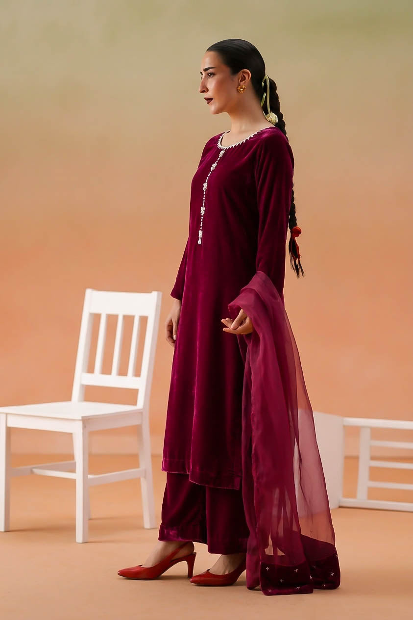 Crimson Velvet 3-Piece Embellished Suit