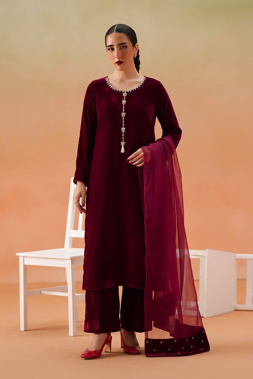 Crimson Velvet 3-Piece Embellished Suit