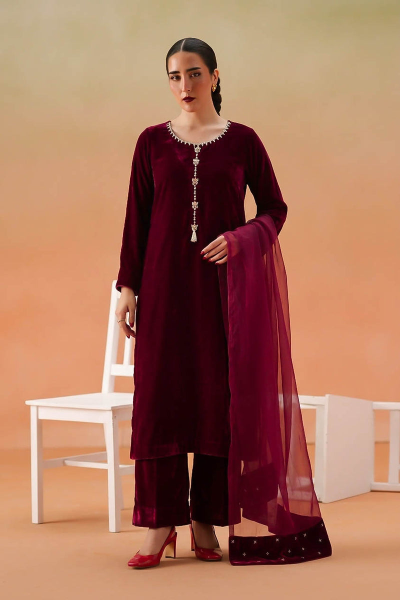 Crimson Velvet 3-Piece Embellished Suit