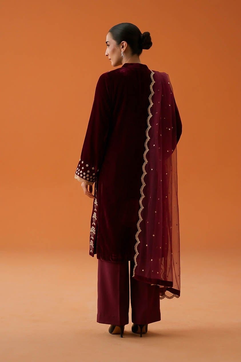 Regal Maroon Pure Hand-Embellished Velvet 3-Piece Suit
