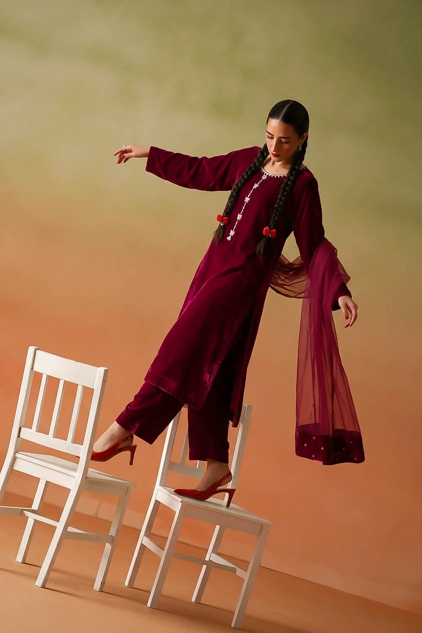 Crimson Velvet 3-Piece Embellished Suit
