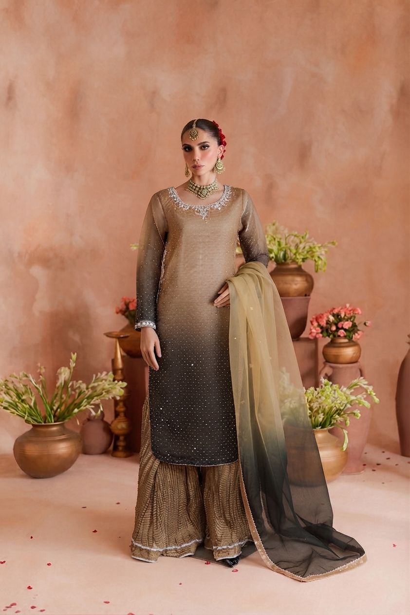 Shaded Sheesha Silk Hand-Embroidered Gharara Set