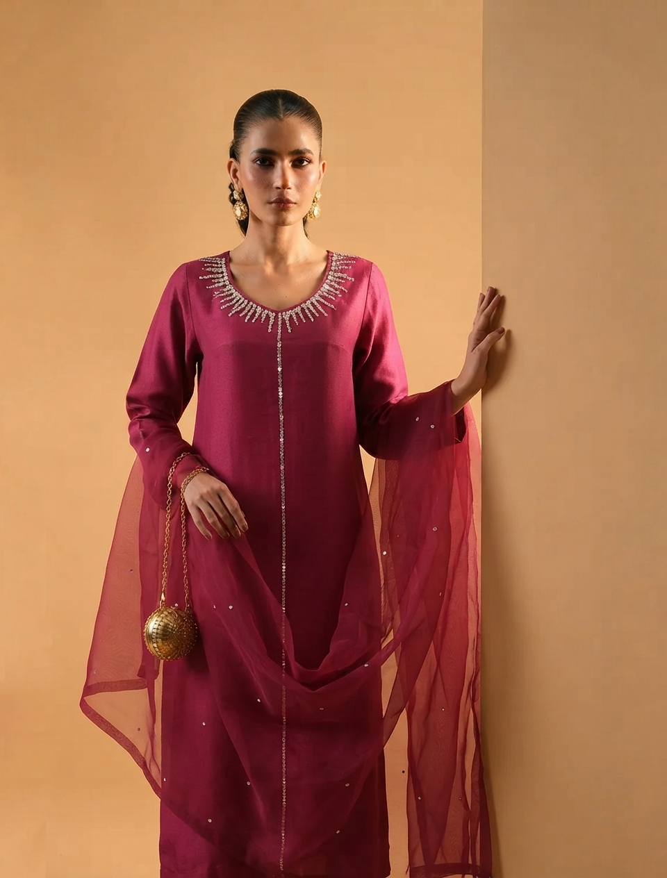 Rasberry Raw Silk Hand-Embroidered 3-Piece Outfit