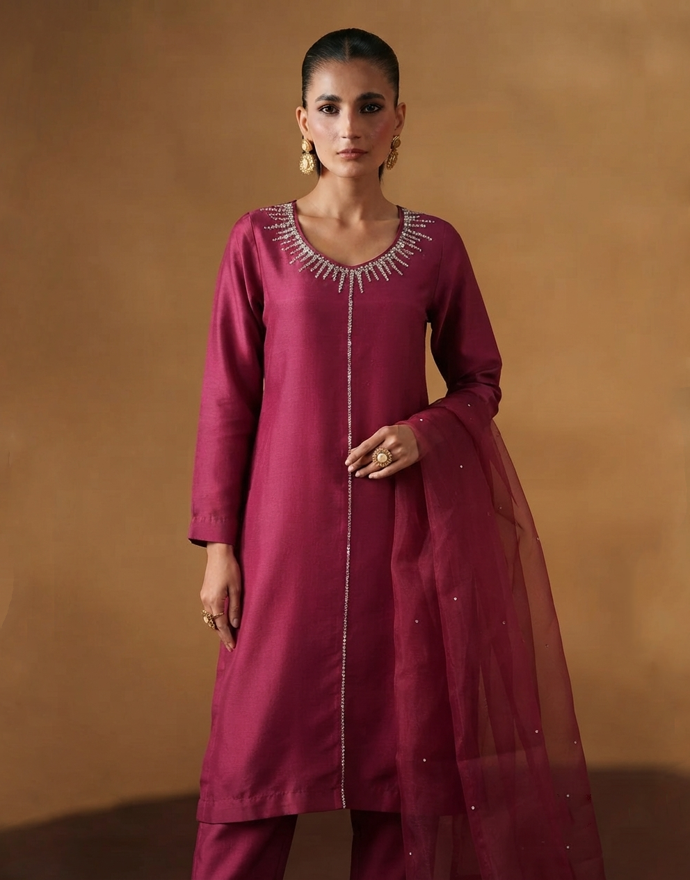 Rasberry Raw Silk Hand-Embroidered 3-Piece Outfit