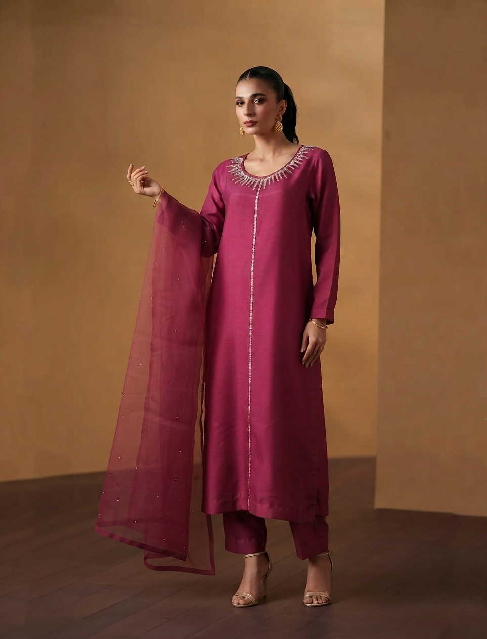 Rasberry Raw Silk Hand-Embroidered 3-Piece Outfit