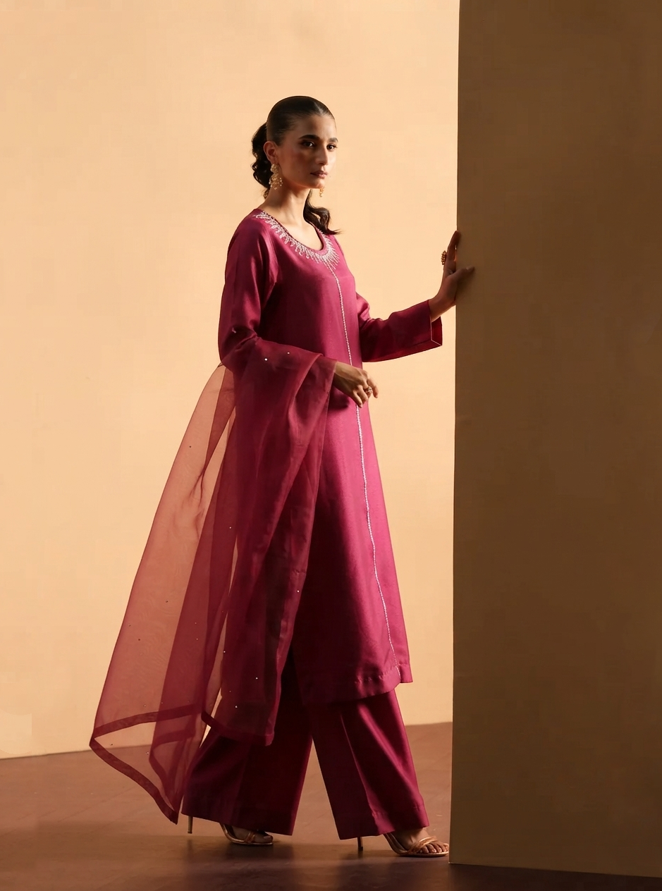 Rasberry Raw Silk Hand-Embroidered 3-Piece Outfit