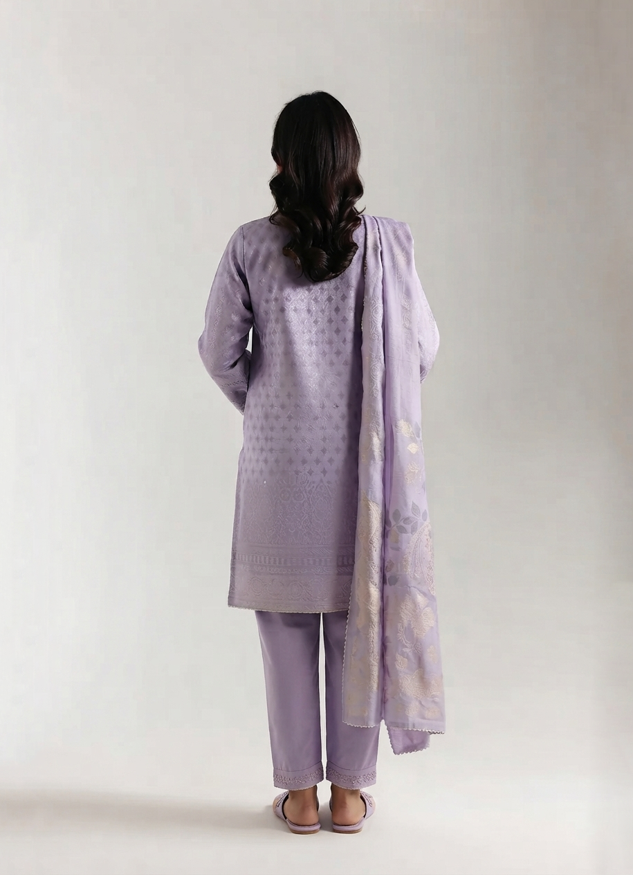 Lilac Cotton Jacquard Hand-Embroidered 3-Piece Outfit