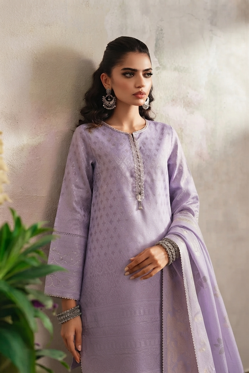 Lilac Cotton Jacquard Hand-Embroidered 3-Piece Outfit