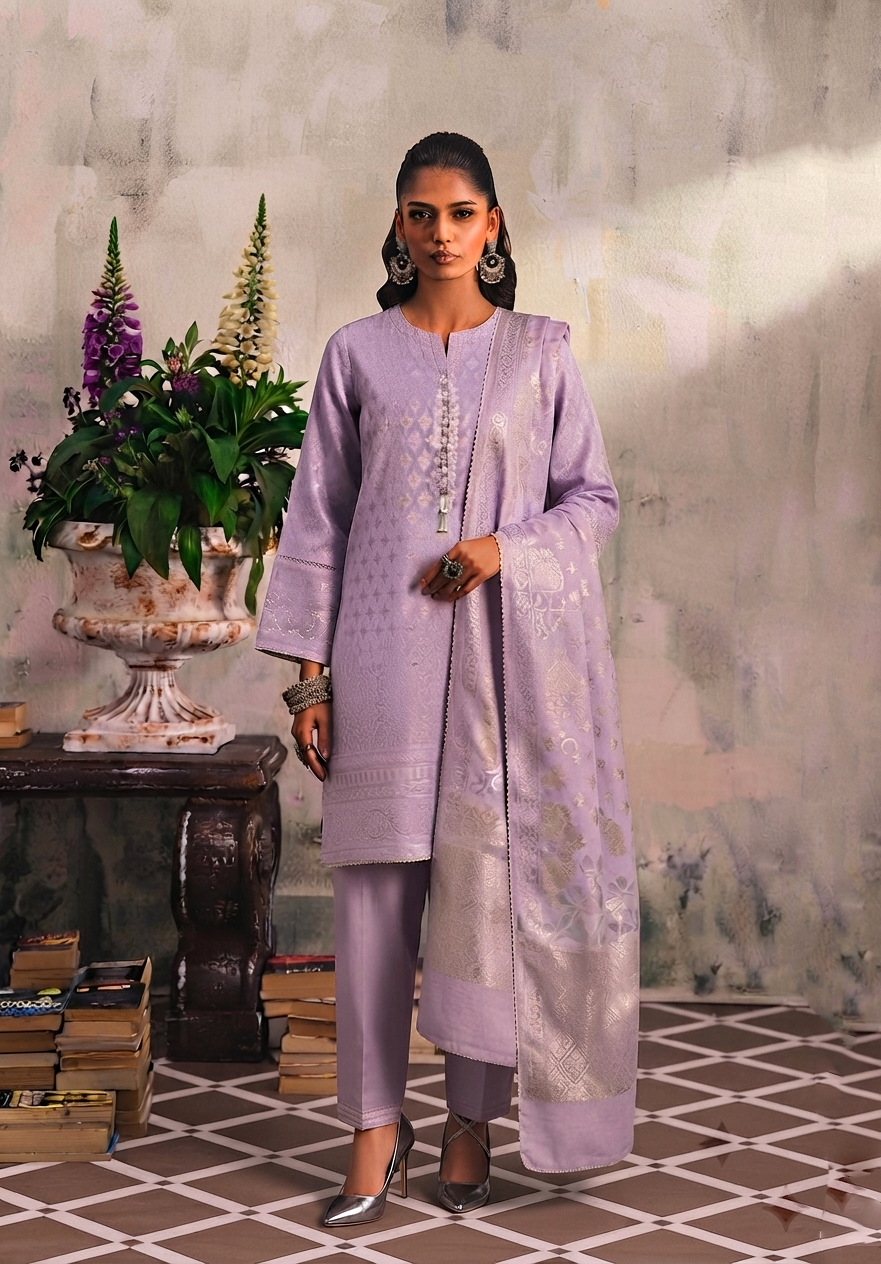 Lilac Cotton Jacquard Hand-Embroidered 3-Piece Outfit