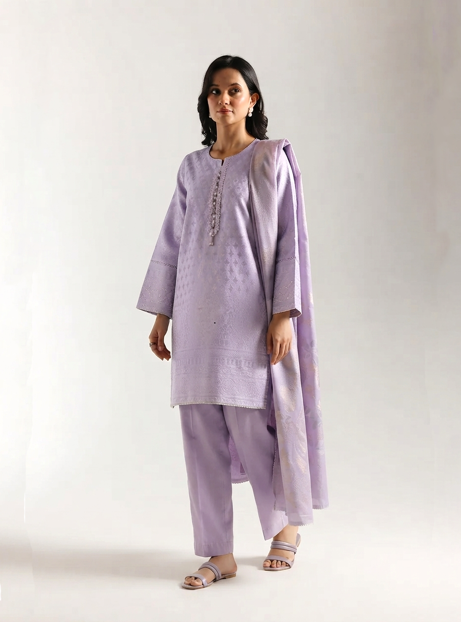 Lilac Cotton Jacquard Hand-Embroidered 3-Piece Outfit