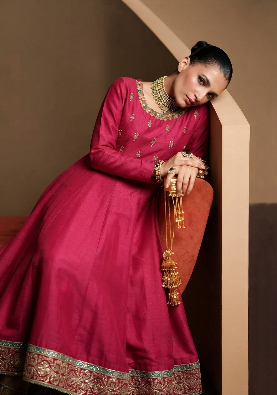 Crimson Radiance Soft Raw Silk 3-Piece Formal Outfit with Embroidered Shawl