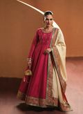 Crimson Radiance Soft Raw Silk 3-Piece Formal Outfit with Embroidered Shawl
