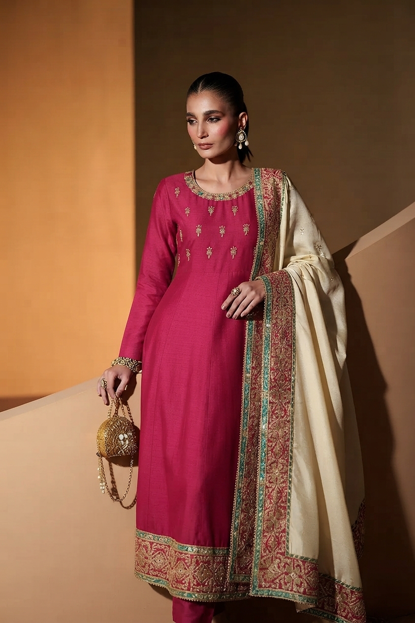 Crimson Radiance Soft Raw Silk 3-Piece Formal Outfit with Embroidered Shawl