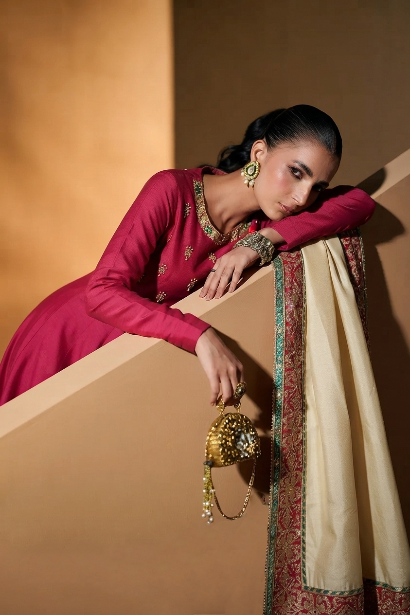 Crimson Radiance Soft Raw Silk 3-Piece Formal Outfit with Embroidered Shawl