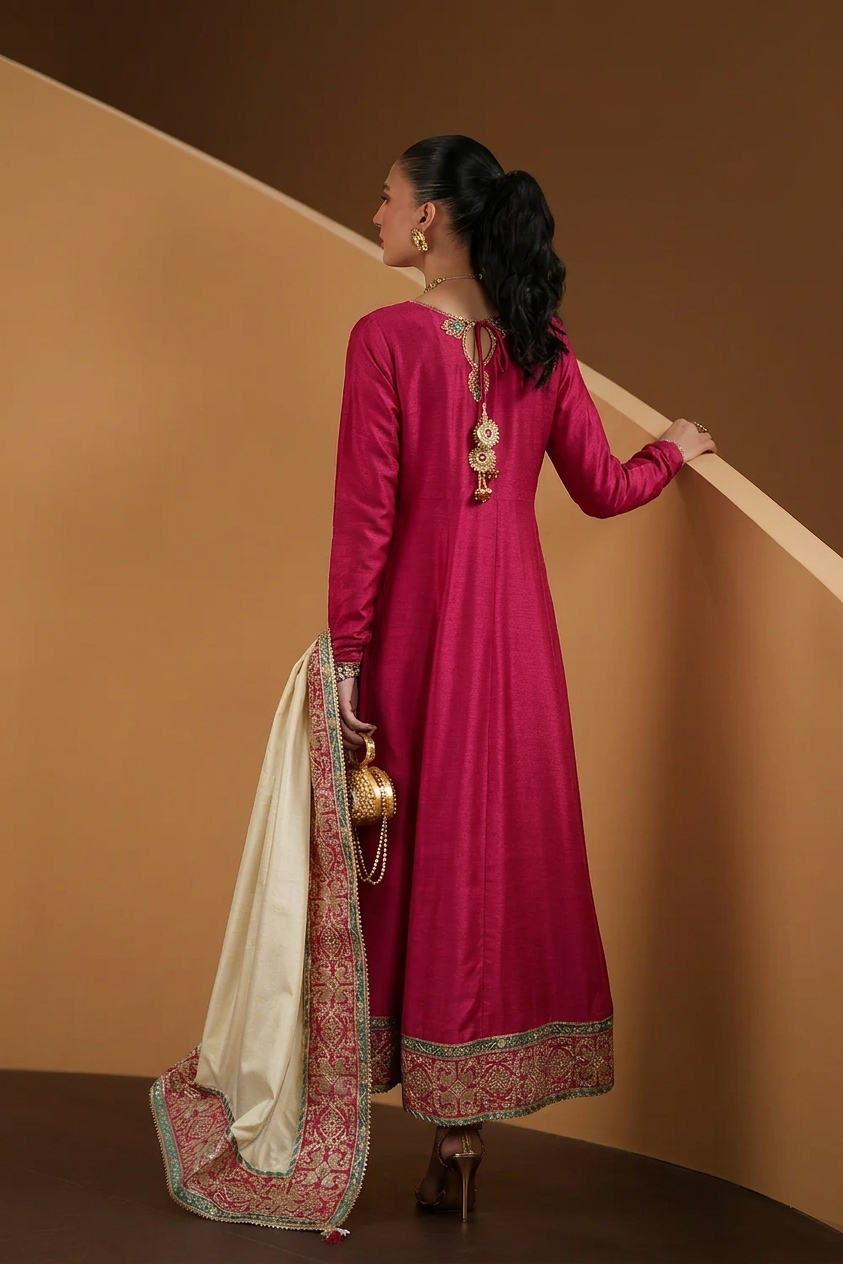 Crimson Radiance Soft Raw Silk 3-Piece Formal Outfit with Embroidered Shawl