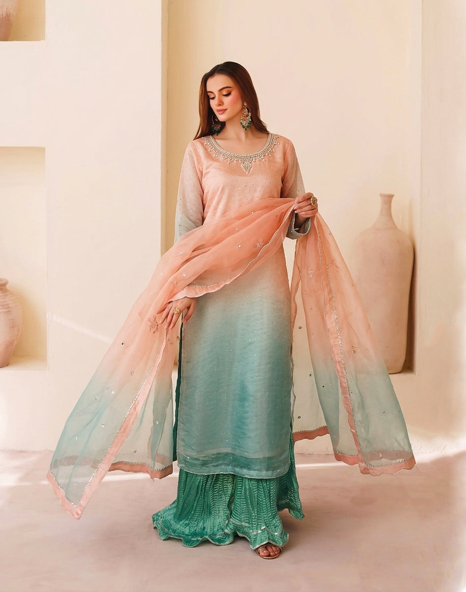 Peach & Seafoam Ombré Sheesha Silk 3-Piece Set with Crushed Gharara