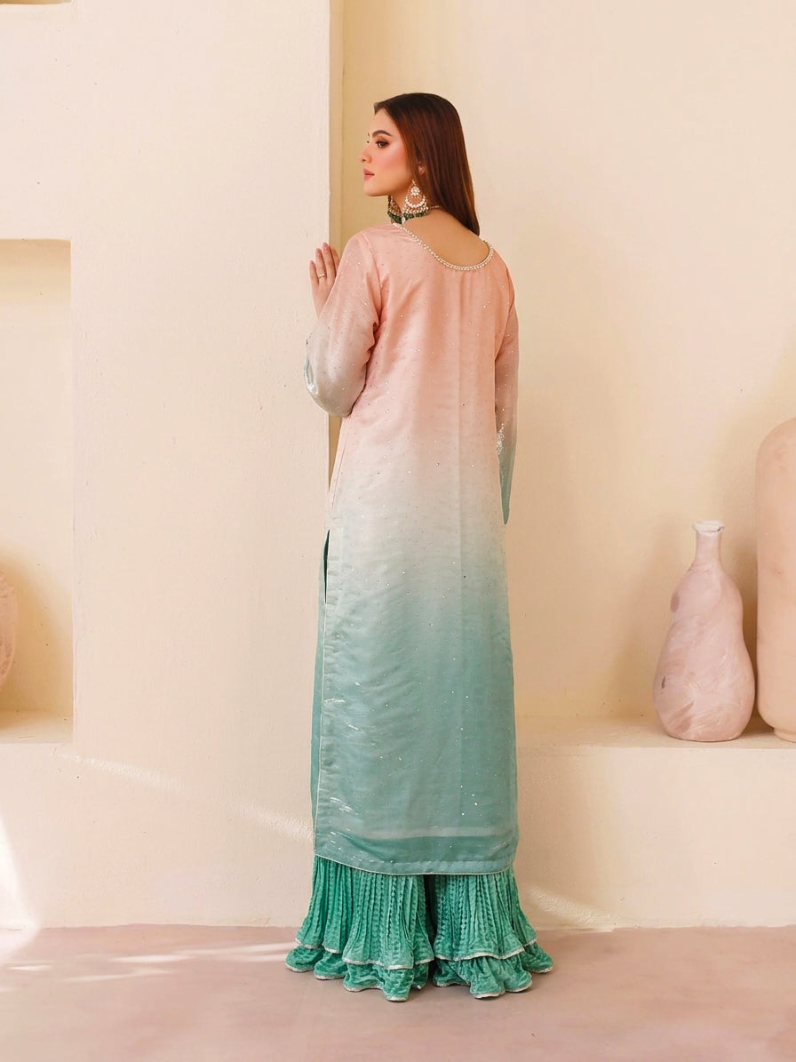 Peach & Seafoam Ombré Sheesha Silk 3-Piece Set with Crushed Gharara