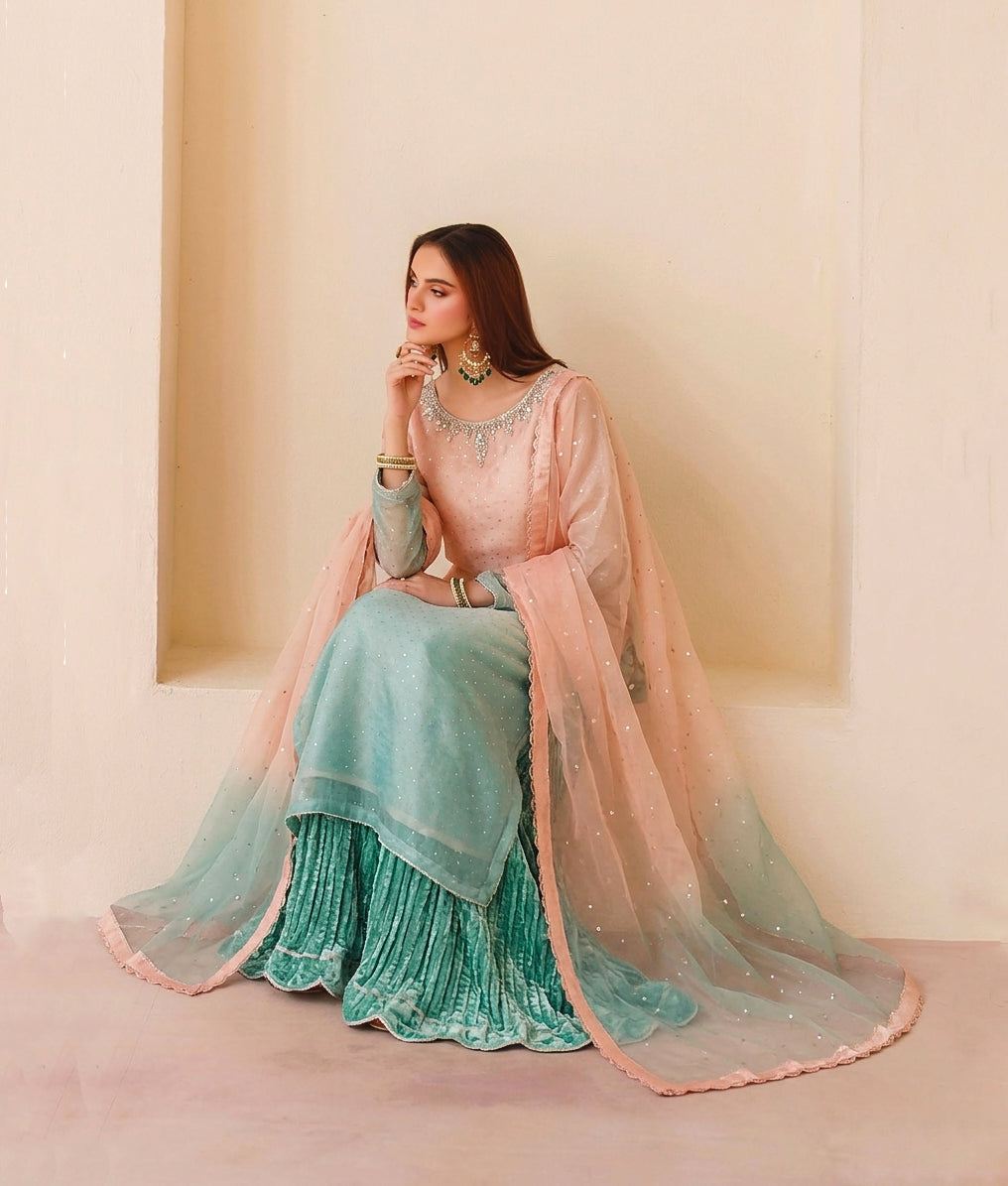 Peach & Seafoam Ombré Sheesha Silk 3-Piece Set with Crushed Gharara
