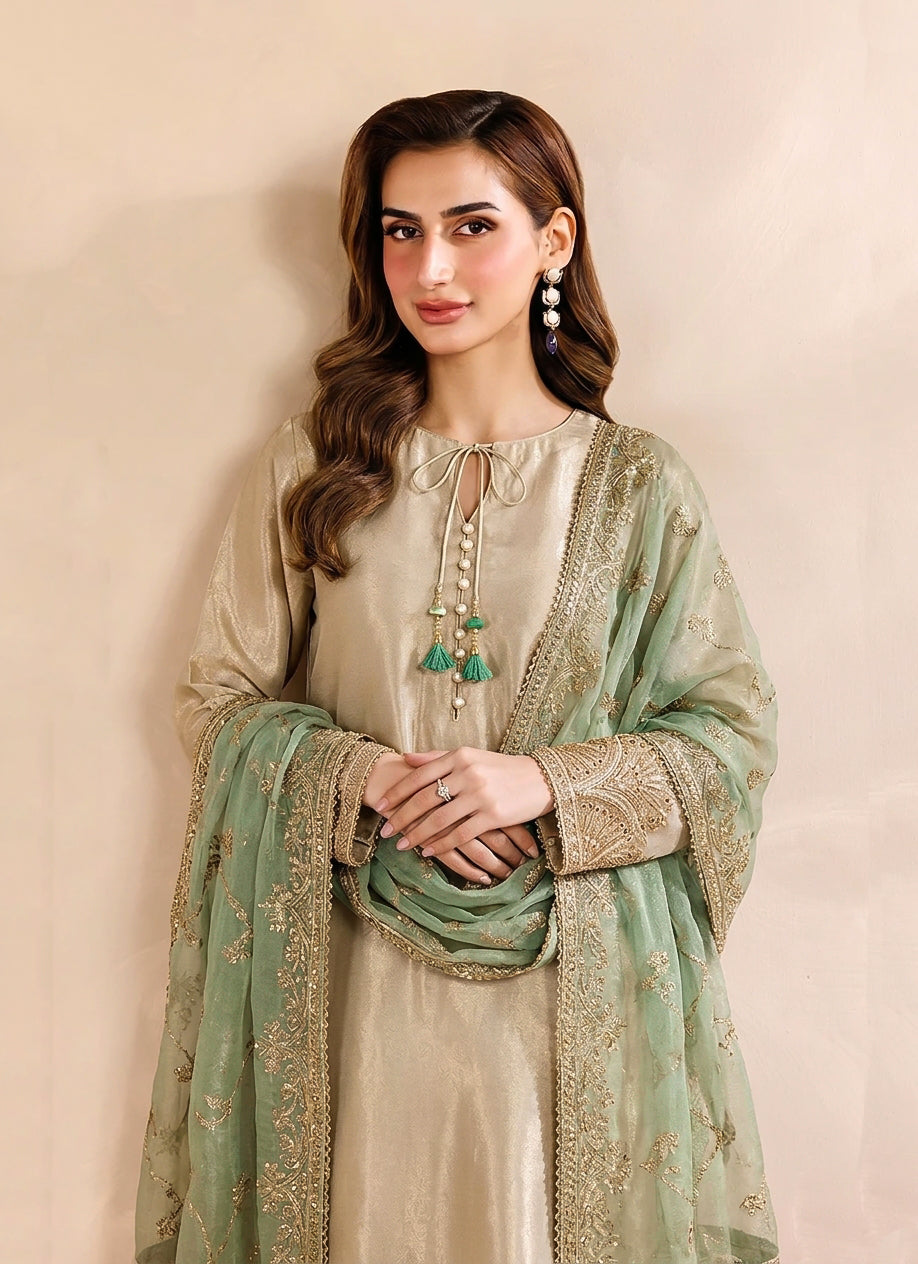 Dusty Green & Champagne Gold Embroidered 3-Piece Tissue Silk Formal Suit