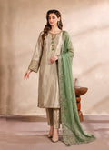 Dusty Green & Champagne Gold Embroidered 3-Piece Tissue Silk Formal Suit