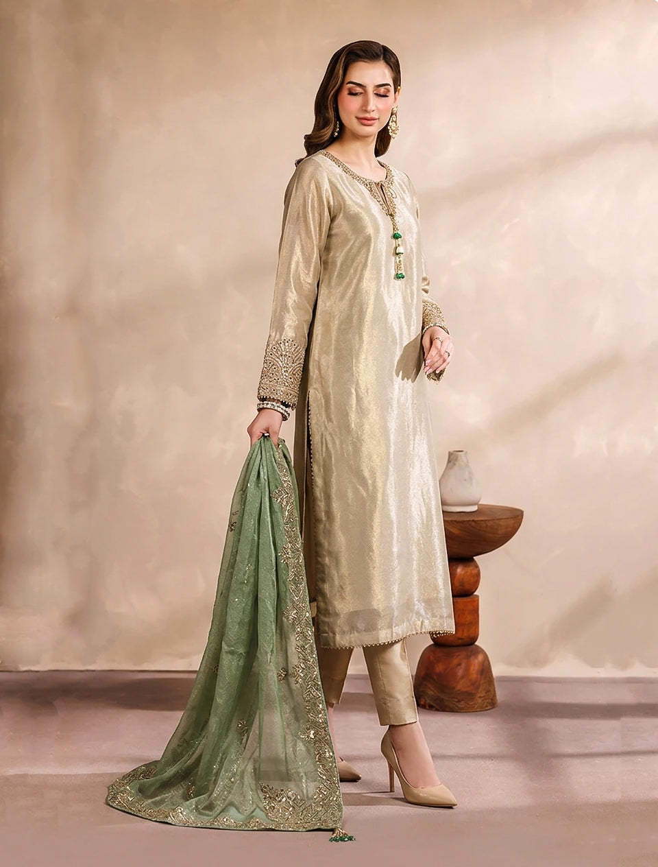 Dusty Green & Champagne Gold Embroidered 3-Piece Tissue Silk Formal Suit