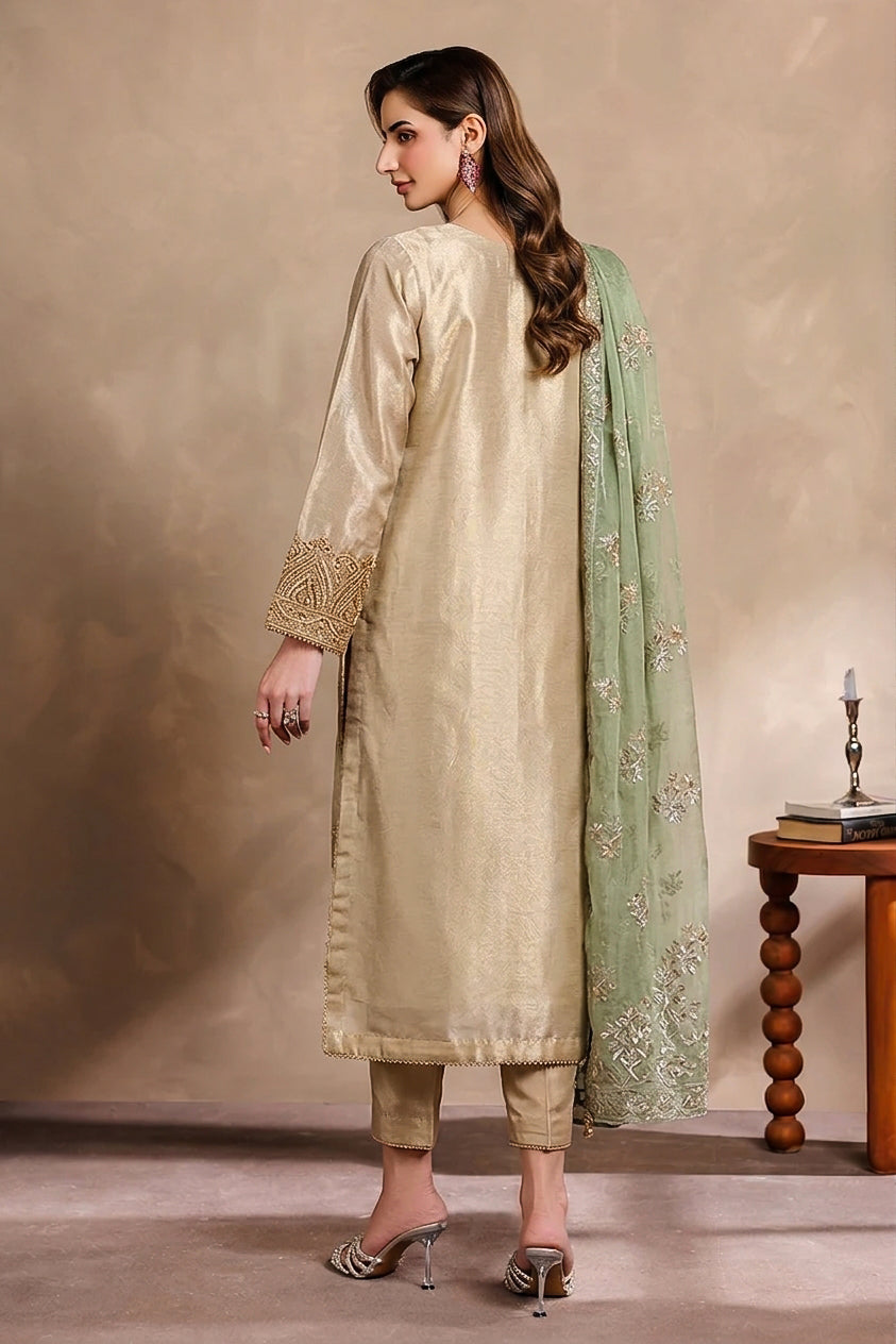 Dusty Green & Champagne Gold Embroidered 3-Piece Tissue Silk Formal Suit