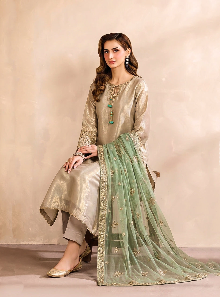 Dusty Green & Champagne Gold Embroidered 3-Piece Tissue Silk Formal Suit