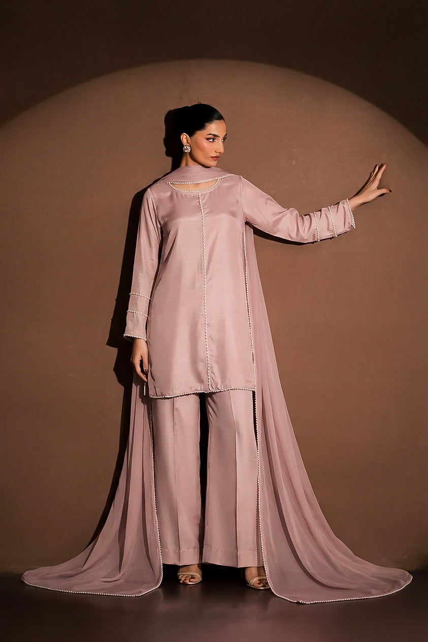 Blush Pink Hand-Embellished Raw Silk 3-Piece Suit with Silk Chiffon Dupatta