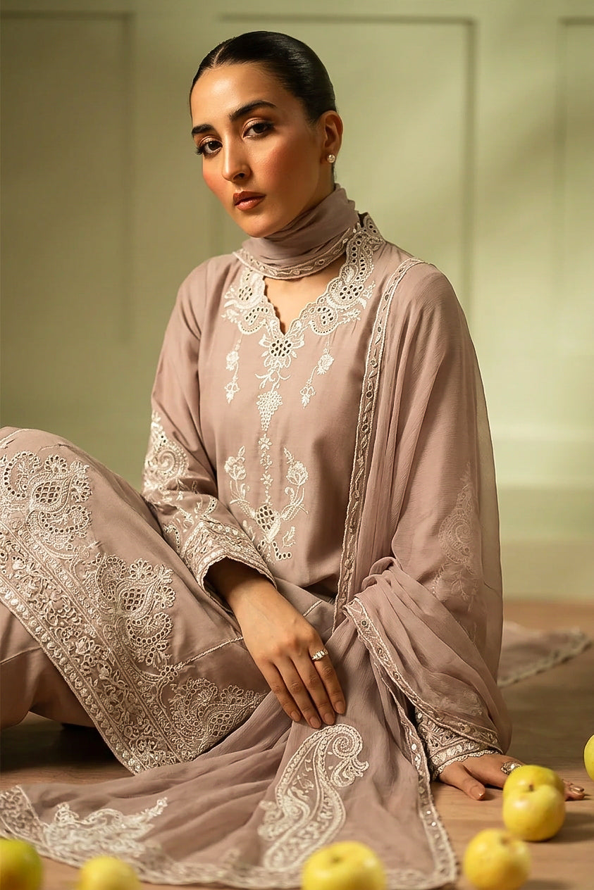 Embroidered Georgette Grip 3-Piece Suit with Organza Dupatta – Dusty Rose