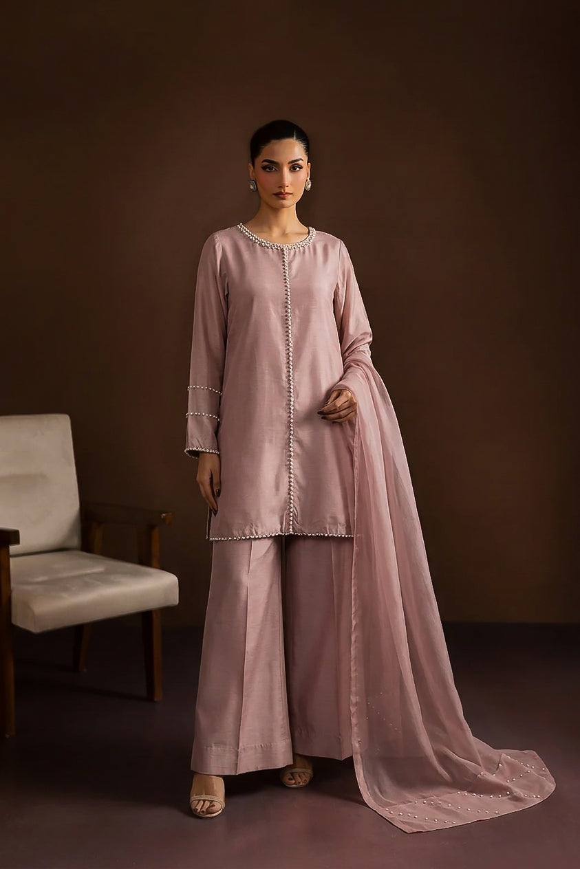 Blush Pink Hand-Embellished Raw Silk 3-Piece Suit with Silk Chiffon Dupatta