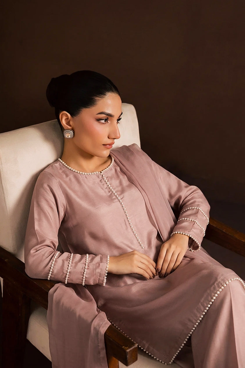 Blush Pink Hand-Embellished Raw Silk 3-Piece Suit with Silk Chiffon Dupatta