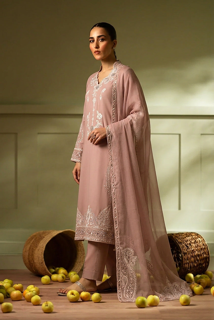 Embroidered Georgette Grip 3-Piece Suit with Organza Dupatta – Dusty Rose