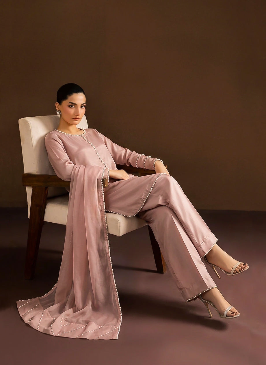 Blush Pink Hand-Embellished Raw Silk 3-Piece Suit with Silk Chiffon Dupatta