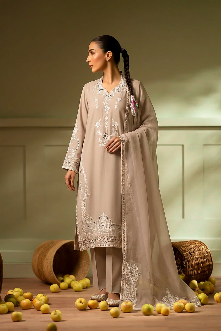 Embroidered Georgette Grip 3-Piece Suit with Organza Dupatta – Dusty Rose