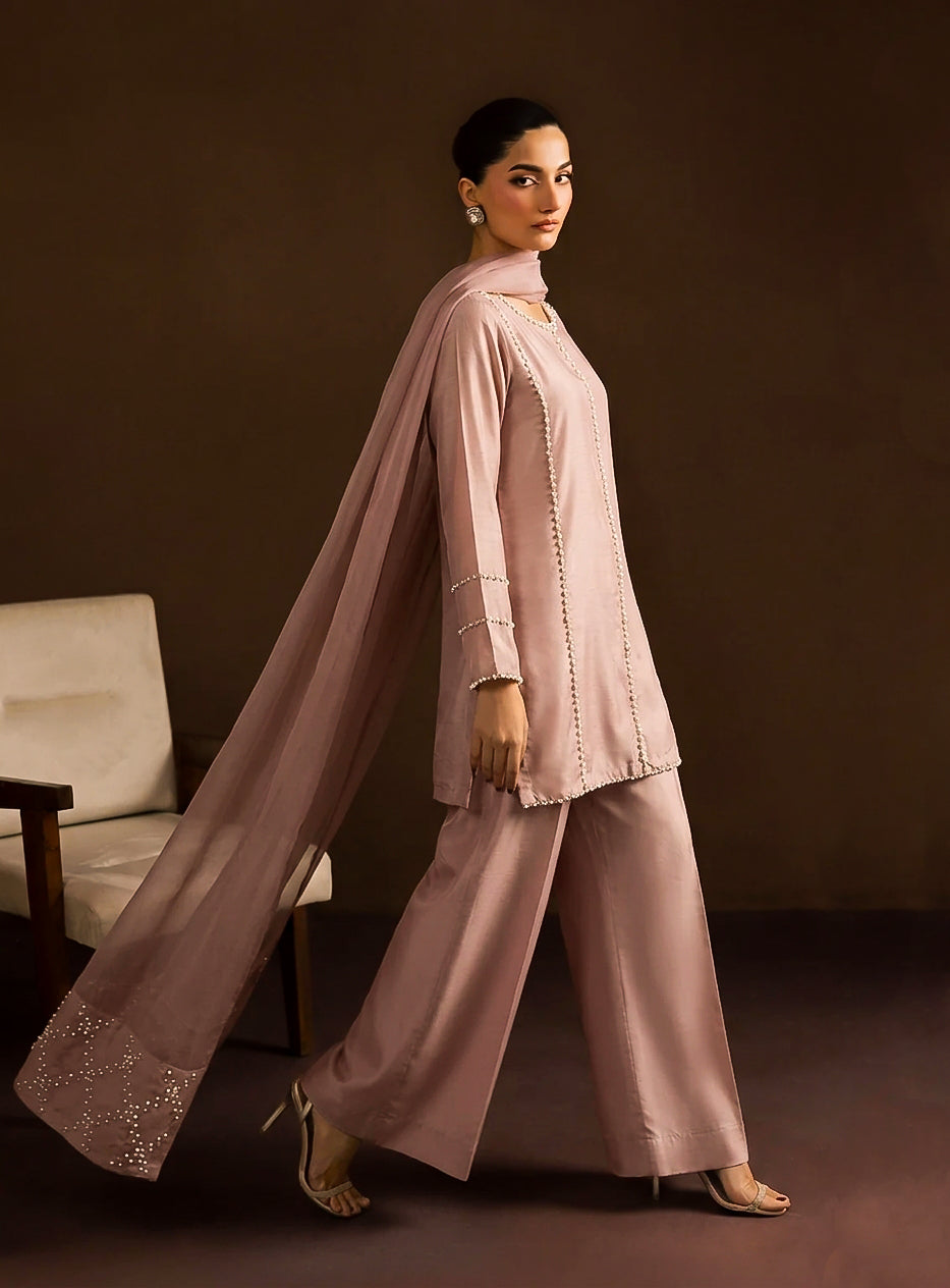 Blush Pink Hand-Embellished Raw Silk 3-Piece Suit with Silk Chiffon Dupatta