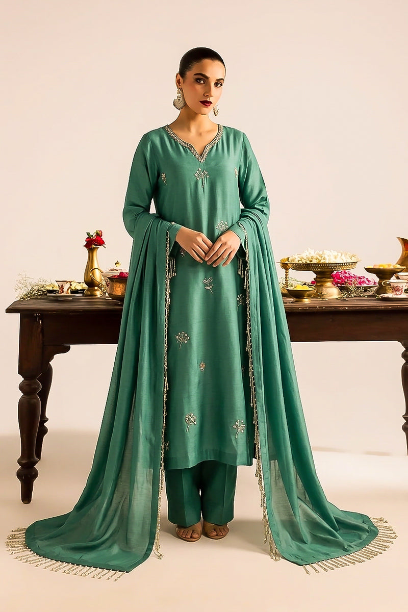 Sage Green Silk Hand-Embellished 3-Piece Suit
