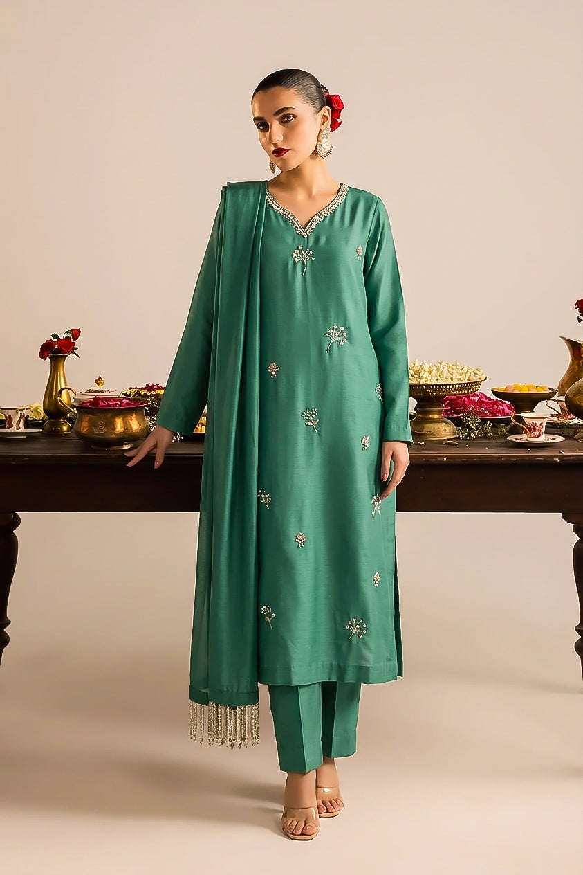 Sage Green Silk Hand-Embellished 3-Piece Suit