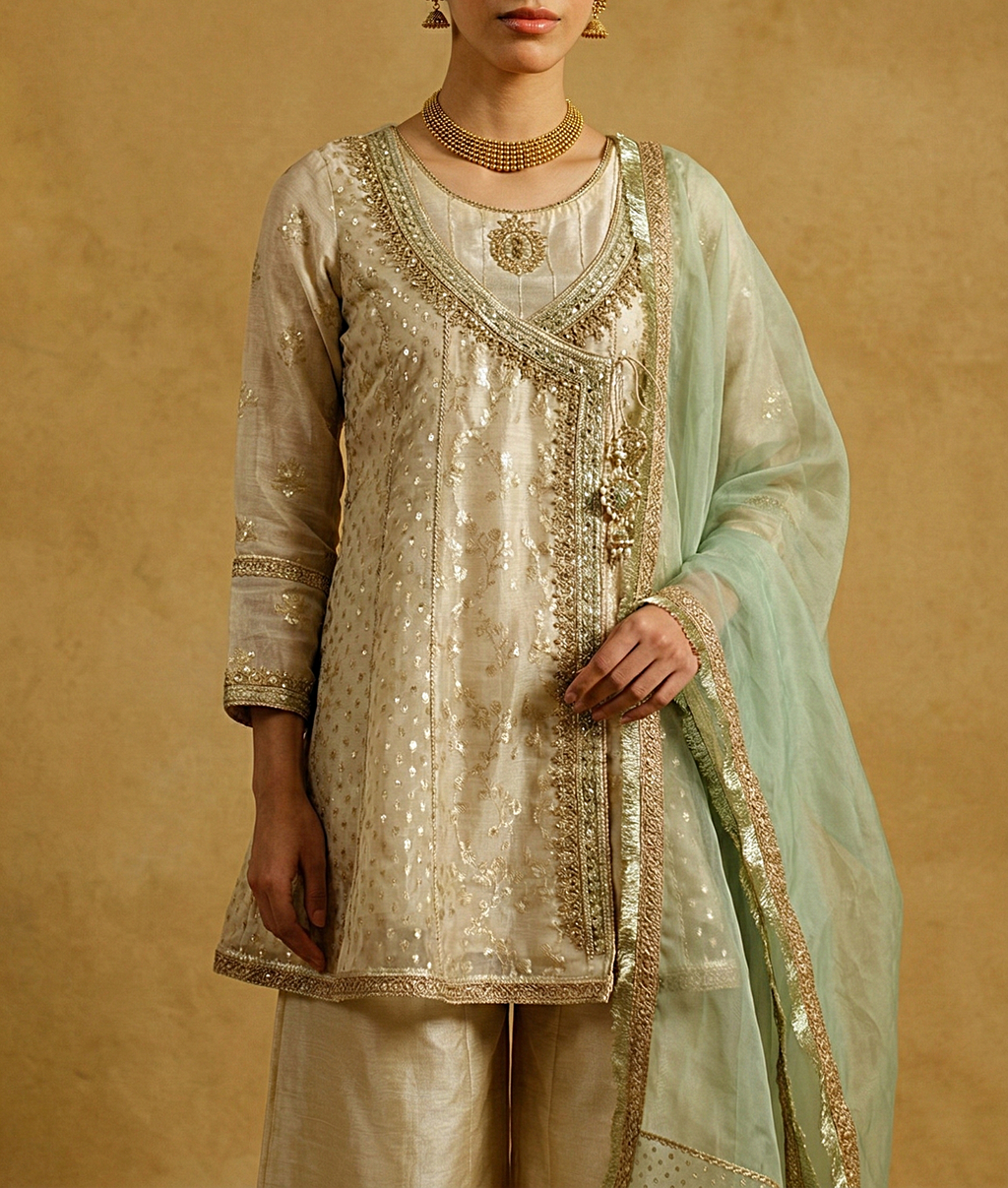 3 Piece Organza Jacquard Angrakha Cut - Luxury Pret (Embroidered)