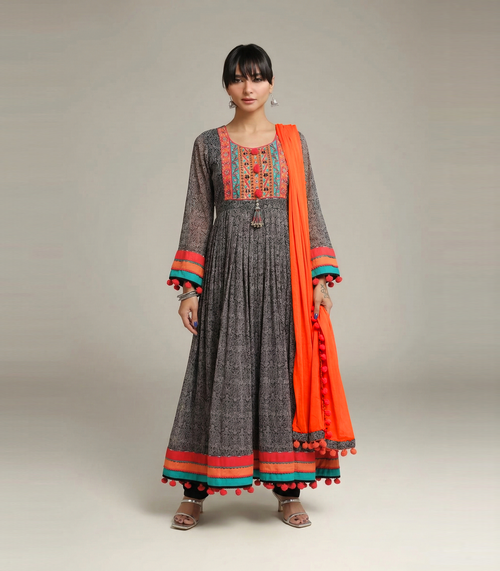 3 Piece Printed Chiffon Suit - Embroidered