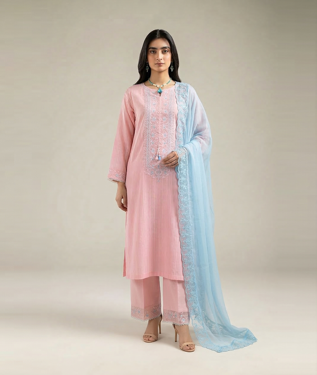 3 Piece Slub Lawn Suit - Embroidered